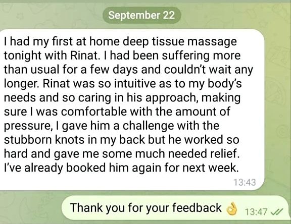 Отзыв на английском: deep tissue massage, much needed relief